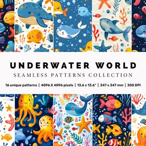 Underwater World. Seamless Patterns Collection. Colorful Kids Drawing Style