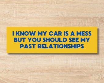 Grappige bumpersticker - Ik weet dat mijn auto een puinhoop is (sarcastische autosticker) - Humoristische vinylsticker over relaties - Grappig cadeau voor iemand met een giftige ex - Laptopsticker