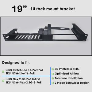 19” Rack Mount for UniFi USW Flex 2.5G 8-Port PoE & Lite 16 PoE | 3D Printed PETG Network Switch Bracket