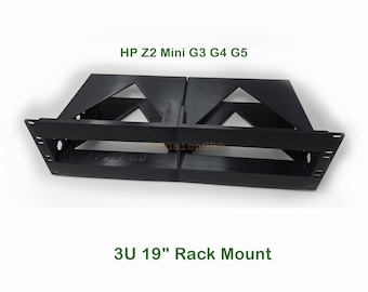May include: A black 3U 19" rack mount for HP Z2 Mini G3 G4 G5. The rack mount has a rectangular shape with triangular cutouts and is designed to hold electronic equipment. The text "HP Z2 Mini G3 G4 G5" and "3U 19" Rack Mount" are visible.