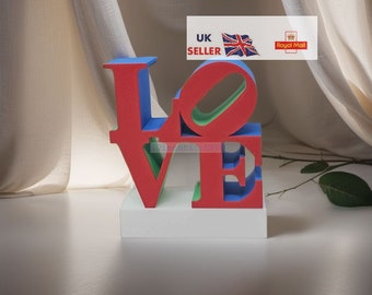 8" love sculpture -  full colour 3d printed art piece inspired by robert indiana - modern home living room decor art piece - gifts for her