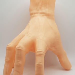 May include: A 3D printed hand model, made of a light peach coloured plastic. The hand is posed with the fingers curled inward, as if grasping something.