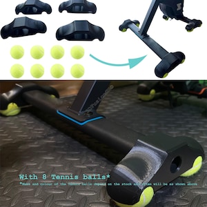 Könnte beinhalten: Schwarzes Trainingsgerät mit acht gelben Tennisbällen, die an der Unterseite der Beine befestigt sind. Der Text "With 8 Tennis balls*" ist unter dem Bild geschrieben. Der Text "*Make and colour of the Tennis balls depend on the stock and often will be as shown above" ist unter dem Text "With 8 Tennis balls*" geschrieben.