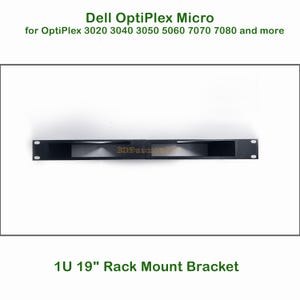 May include: A black 1U 19-inch rack mount bracket for Dell OptiPlex Micro computers. The bracket has a rectangular opening and mounting holes on each end. The text "Dell OptiPlex Micro" and "3DFusion" are visible.