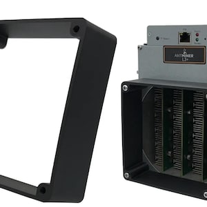 May include: A black rectangular frame and a silver and black Antminer L3+ mining machine. The mining machine has a black frame around the front and the text "ANTMINER L3+" on the front.