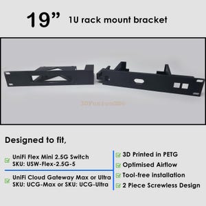 19” Rack Mount for UniFi Flex Mini 2.5G & Cloud Gateway Ultra / Max | 3D Printed PETG Network Hardware Bracket