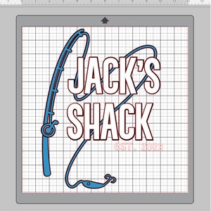 Könnte beinhalten: Ein weißes Design mit dem Text "JACK'S SHACK EST. 2023" mit einer blauen Angelrute und einem Haken-Motiv.