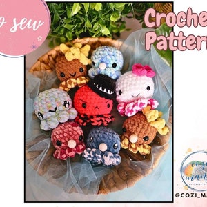 Könnte beinhalten: Eine Sammlung von acht gehäkelten Octopus-Amigurumi-Spielzeugen in verschiedenen Farben, darunter Rot, Blau, Pink, Gelb und Braun. Die Spielzeuge sind in einem Korb angeordnet und haben unterschiedliche Gesichtsausdrücke. Der Text "Crochet Pattern" und "no sew" ist auf dem Bild zu sehen.