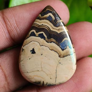 Puede incluir: Una gema pulida en forma de lágrima. Presenta un patrón de bandas beige, marrón y azul oscuro. La piedra tiene un aspecto natural y terroso, con grietas y variaciones de color visibles. Ideal para joyería.