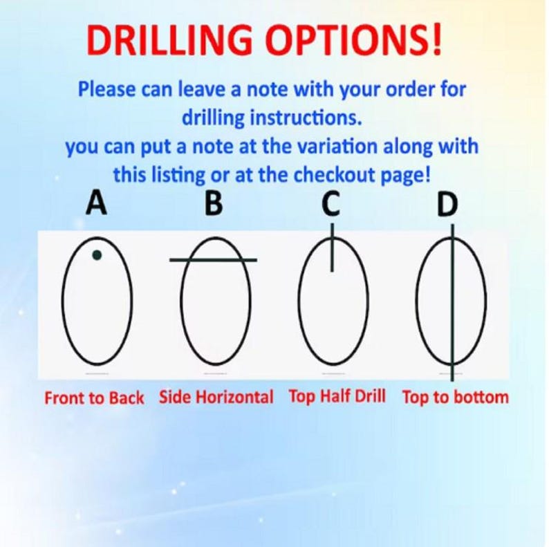 May include: Diagram showing four different drilling options for a craft project. Option A shows a single hole drilled in the front of an oval. Option B shows a hole drilled horizontally through the center of an oval. Option C shows a hole drilled through the top half of an oval. Option D shows a hole drilled vertically through the center of an oval.