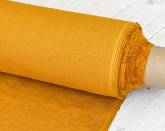 Golden orange linen fabric, 205gsm softened linen fabric, Eco friendly dressmaking fabric, Midweight linen fabric for home textiles sewing.