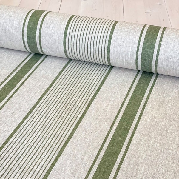 French Style Natural Linen Fabric with Green Stripes - Classic Textile for Home Decor and Crafts - Not Softened Heavyweight Linen Fabric.