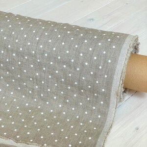 Natural linen fabric with white dots, Polka dot softened linen fabric, White dotted medium weight linen fabric, Sustainable linen textile.