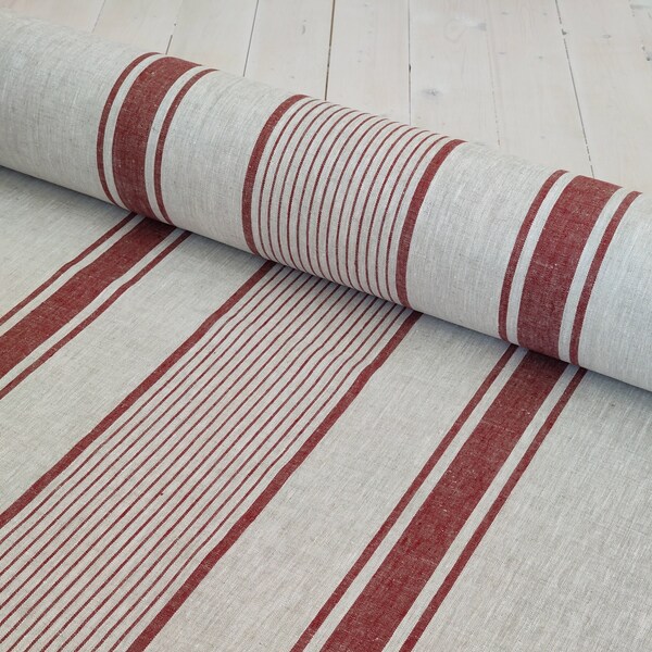 French Style Linen Fabric with Cherry Red Stripes - Classic Textile for Home Decor and Crafts, NOT SOFTENED linen fabric, Vintage fabric.