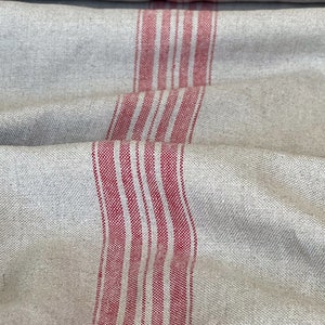 Natural heavyweight linen fabric with red stripes, Farmhouse softened linen fabric, Softened linen fabric for home decor, Quality linen.