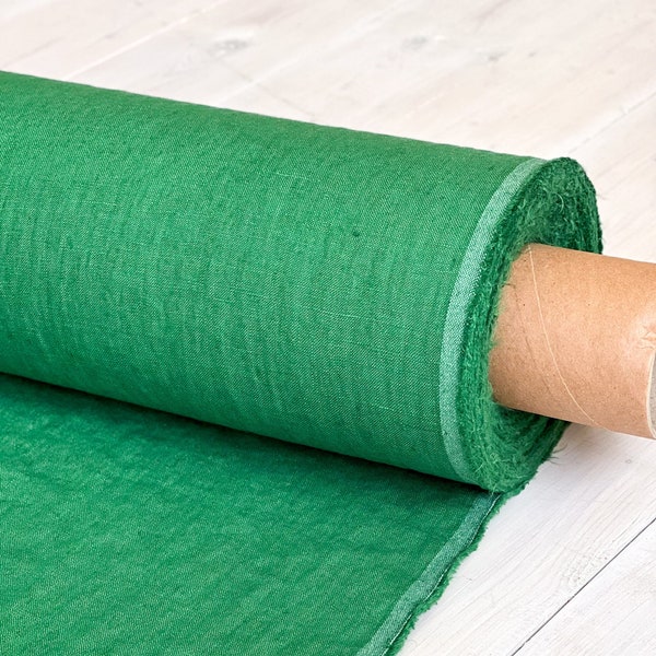 Medium Green Linen Fabric for All Projects, Natural medium weight softened linen fabric, Premium quality Lithuanian linen, 205gsm linen.