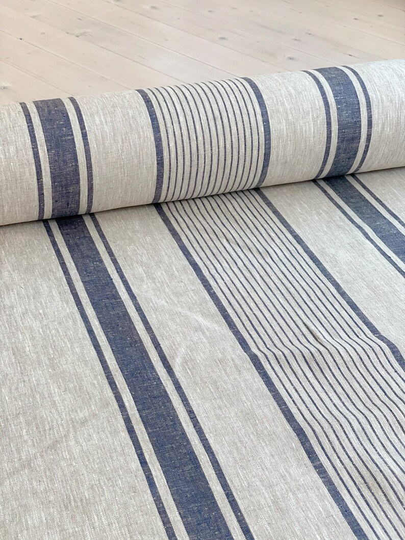 Linnenstof in Franse stijl met blauwe strepen Klassiek textiel voor woondecoratie en handwerk, niet verzachte zware vintage linnen stof. afbeelding 6