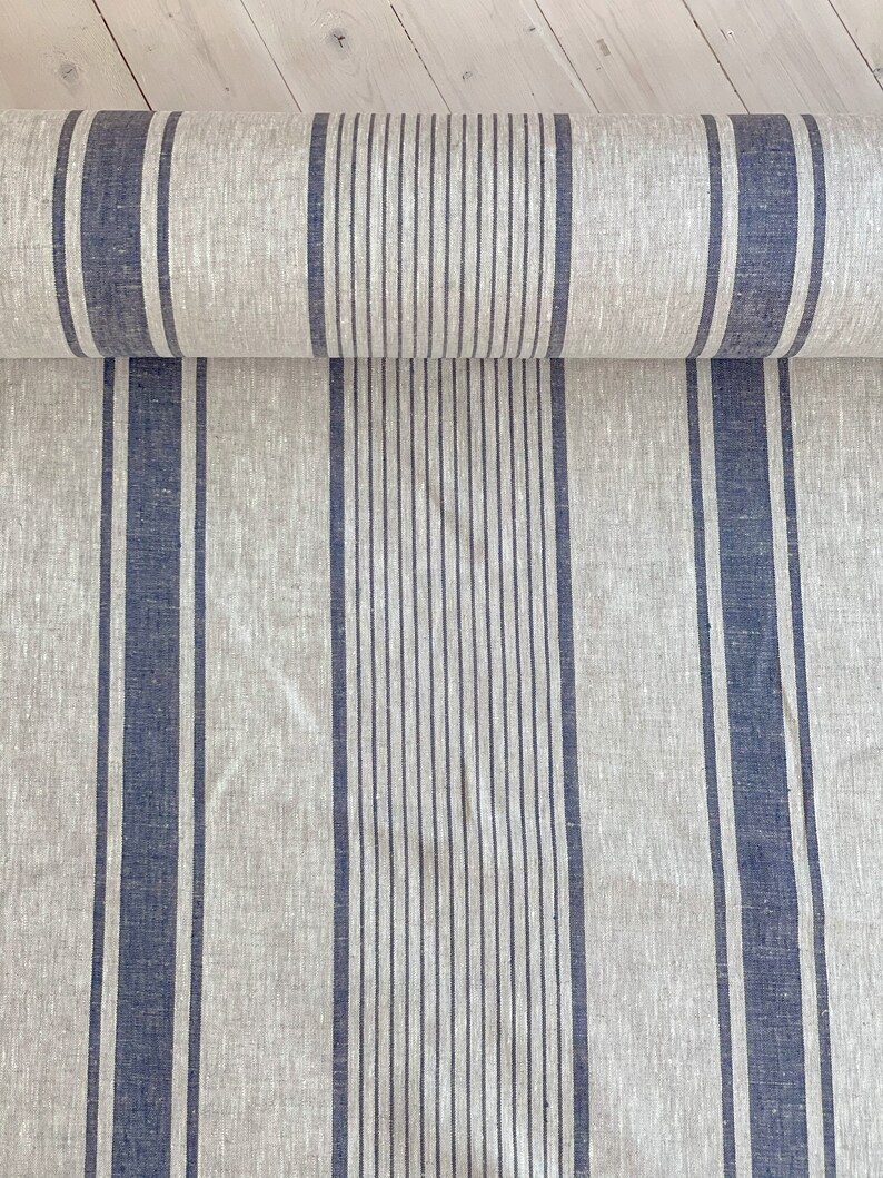 Tela de lino estilo francés con rayas azules: textil clásico para decoración y manualidades del hogar, tela de lino vintage pesada no suavizada. imagen 3