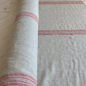 Tejido de lino natural de peso pesado con rayas rojas, tejido de lino suavizado de granja, tejido de lino suavizado para la decoración del hogar, lino de calidad. imagen 2