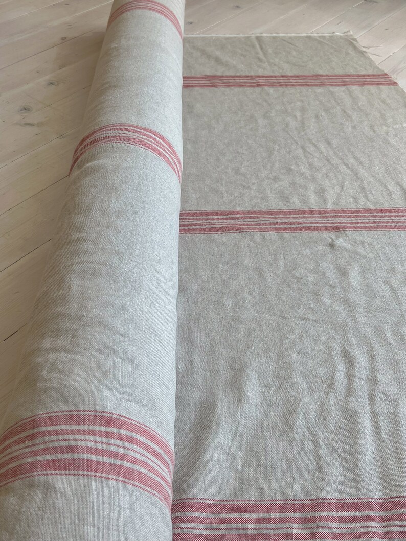 Tejido de lino natural de peso pesado con rayas rojas, tejido de lino suavizado de granja, tejido de lino suavizado para la decoración del hogar, lino de calidad. imagen 2