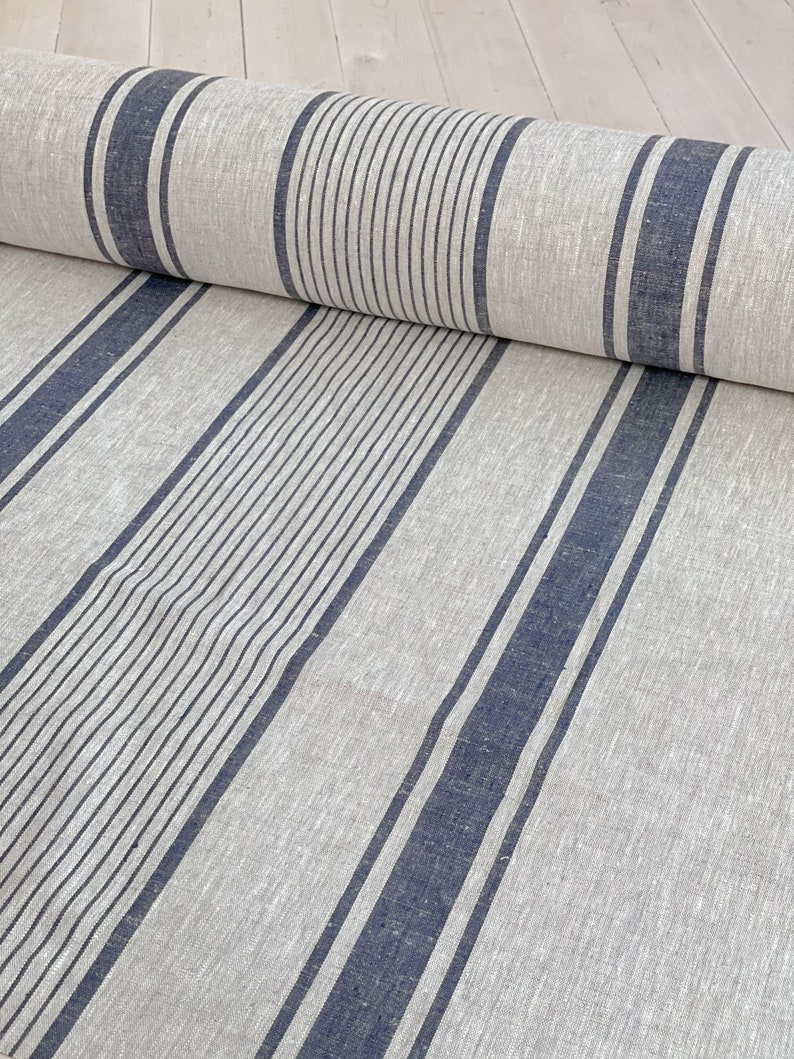 Tela de lino estilo francés con rayas azules: textil clásico para decoración y manualidades del hogar, tela de lino vintage pesada no suavizada. imagen 1