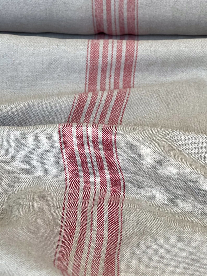 Tejido de lino natural de peso pesado con rayas rojas, tejido de lino suavizado de granja, tejido de lino suavizado para la decoración del hogar, lino de calidad. imagen 1