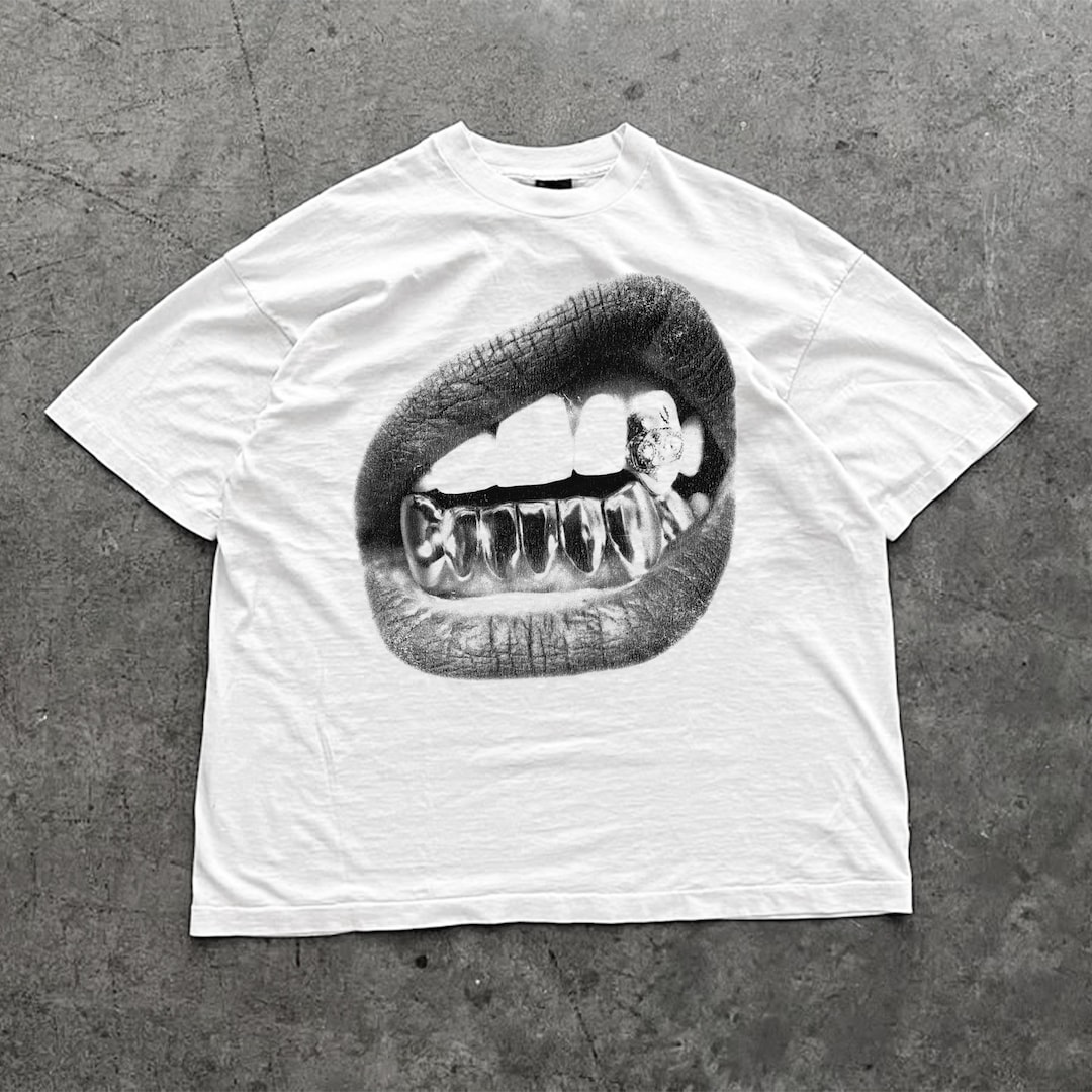 Big Lips Y2k Mouth T Shirt - Grillz White T Shirt - Unisex Y2k