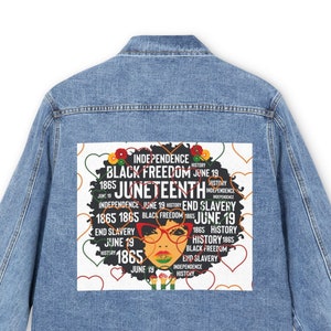 Juneteenth 1865 Freedom Denim Jean Jacket Afro Queen Heart Black History Design Graphic, Emancipation ApparelStretchy Denim Blue Jean Jacket
