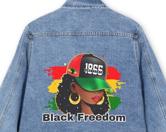 Juneteenth 1865 Black Freedom Denim Jacket Afro Queen Black History Design Graphic, Emancipation Apparel Stretchy Denim Blue Jean Jacket