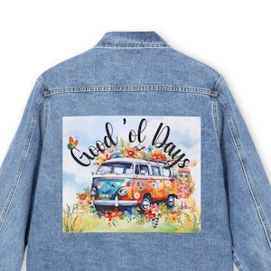 Good ol Days Denim Jean Jacket Country Hippie Peace VWBus design Graphic Music 1960s 1970s Stretchy Denim Jean Jacket