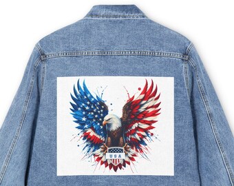 Patriotic American Bald Eagle denim spijkerjack VS land Amerikaanse vlag symbolisch ontwerp grafisch rekbaar spijkerjack