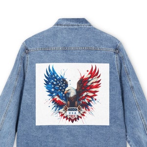 Vaterhafte Weißkopfseeadler-Denim-Jeansjacke USA-Land-Amerikanische Flagge Symbolisches Design Grafik-Dehnbare Denim-Jeansjacke