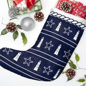 Coastal Christmas Stocking - Soft Plush Fleece, Spacious Holiday Décor Stockings Nautical Lighthouses Design Gift idea under 20
