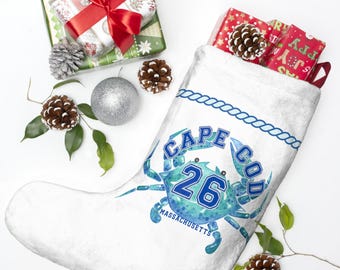 Cape Cod Nautical Christmas Stocking 2026 - Soft Plush Fleece, Spacious Holiday Décor Stockings Crab Design
