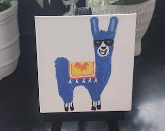 Mini Llama Art Canvas on Easel, Colorful Animal Painting