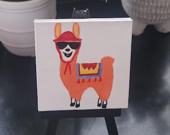 Mini Llama Art Canvas on Easel, Hand-Painted Animal Painting