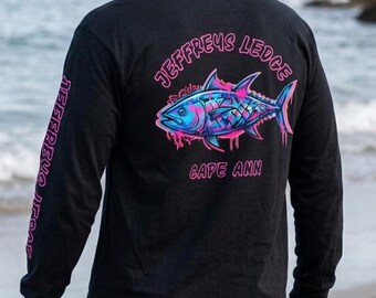 Neon Tuna Skull Cape Ann Long Sleeve Shirt | Jeffreys Ledge Sleeve Text
