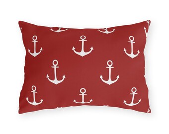 White Anchor Pattern Outdoor Pillow | Nautical Red Cushion, Patio Decor