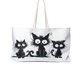 Cat Design Weekender Bag, Whimsical Beach Tote for Travel, Women's Overnight Bag, Large Shoulder Duffel, Cute Carryall Purse, Boho Luggage