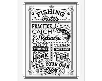 Póster de pared vintage con reglas de pesca, regalo perfecto para pescadores, decoración de pescador, tapiz para cabaña, regalo para amantes de la pesca, citas de pesca