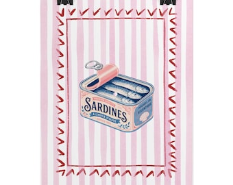 Vintage Sardines Illustration Rolled Poster | Pink Striped Nautical Wall Art