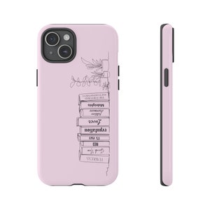May include: A pink phone case with a black outline of a stack of books and a plant. The book titles include "Fearless", "Speak Now", "Red", "1989", "reputation", "Lover", "folklore", "evermore", "Midnights", "The Tortured Poet", and "Poets Department".
