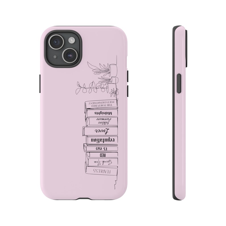 May include: A pink phone case with a black outline of a stack of books and a plant. The book titles include "Fearless", "Speak Now", "Red", "1989", "reputation", "Lover", "folklore", "evermore", "Midnights", "The Tortured Poet", and "Poets Department".