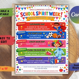 Op de afbeelding: Een kleurrijke flyer voor de schoolgeestweek met een houten achtergrond. De flyer bevat de tekst "School Spirit Week!" en dagelijkse thema's zoals "Superhero Day" en "Pajama Day". Het is 21,6 x 27,9 cm groot.