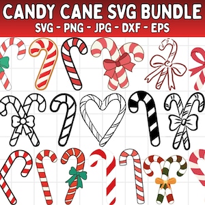 Puede incluir: Una colección de diseños de bastones de caramelo en varios estilos. La imagen presenta bastones de caramelo a rayas rojas y blancas, algunos con lazos en verde, rojo y naranja. También hay versiones de contorno en blanco y negro. El texto en la parte superior dice "CANDY CANE SVG BUNDLE".