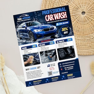May include: A navy blue flyer for Tidal Autocare car wash services. The flyer features a blue car with water splashing, service packages, and the text "Professional Car Wash". It includes a 30% off promotion.