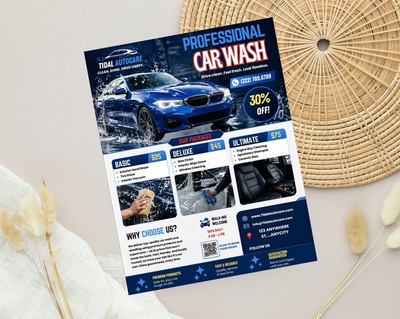 May include: A navy blue flyer for Tidal Autocare car wash services. The flyer features a blue car with water splashing, service packages, and the text "Professional Car Wash". It includes a 30% off promotion.