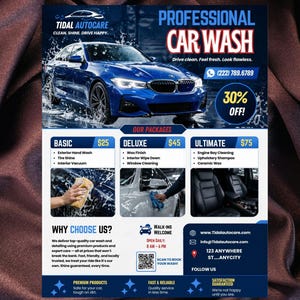 May include: A promotional flyer for Tidal Autocare, a professional car wash service. The flyer features a blue car with water splashing around it. Text includes "Professional Car Wash," service packages, and a 30% off promotion. Contact information is also provided.