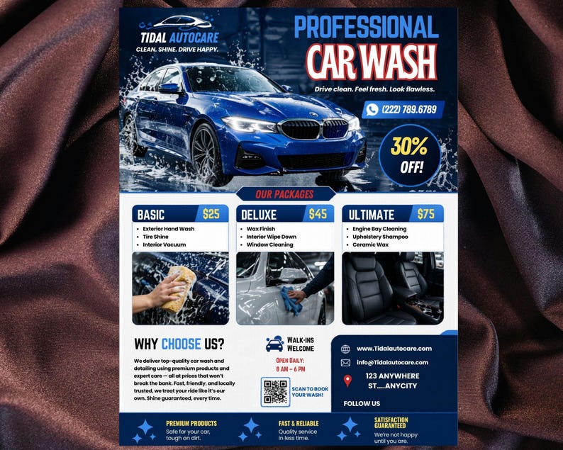 May include: A promotional flyer for Tidal Autocare, a professional car wash service. The flyer features a blue car with water splashing around it. Text includes "Professional Car Wash," service packages, and a 30% off promotion. Contact information is also provided.