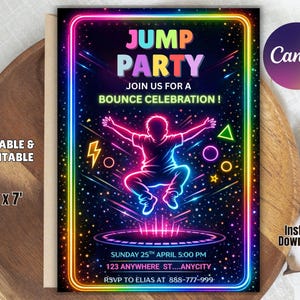 Puede incluir: Una vibrante tarjeta de invitación con un diseño de neón para una Jump Party. La tarjeta presenta una figura saltando, formas geométricas y el texto "Jump Party". Dimensiones: 12,7 x 17,8 cm. El diseño incluye el logotipo de Canva y las palabras "Editable & Printable".